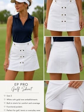 EP Pro White Golf Skort with Gold Buttons